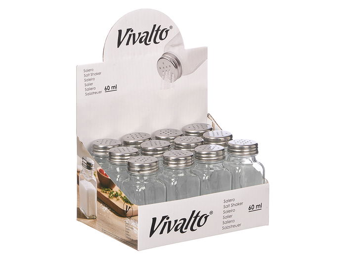 Vivalto Salero de Cristal Cuadrado con Tapa de Metal, 4x9x4 cm, Transparente - Válido para Expositor (Set de 48)