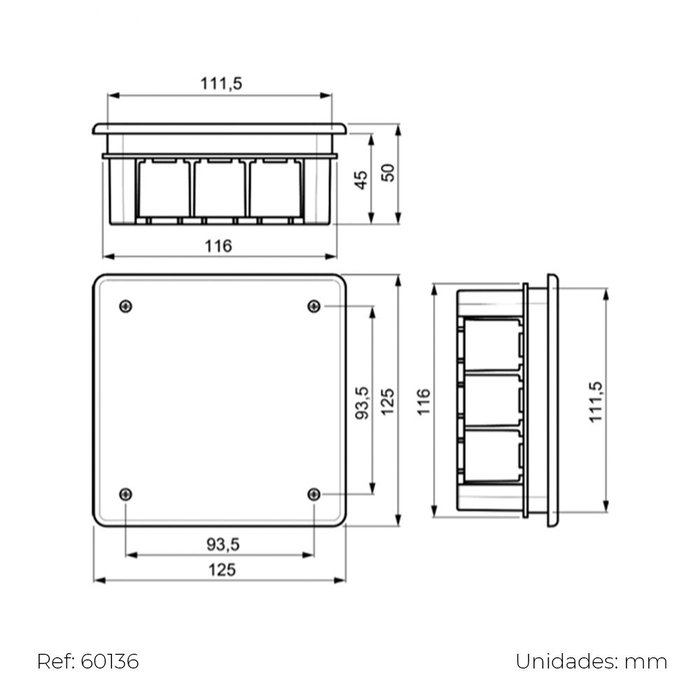 Solera Caja de empotrar cuadrada 100x100x45mm con tornillos 362
