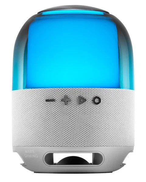 Mars Gaming Altavoz Bluetooth MS-FLOW con Iluminación RGB 360°, Bluetooth 5.3, Sonido DeepBass 15W, Portátil, Reproducción por MicroSD, Color Gris Plateado
