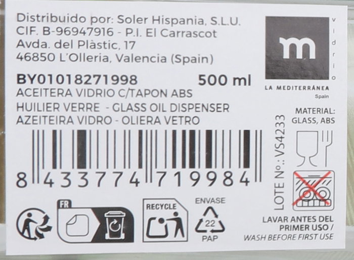 Anna Aceitera de Vidrio 500ml con Tapa 5,8 cm (Ancho) x 5,8 cm (Largo) x 30,5 cm (Alto) (12 Unidades)