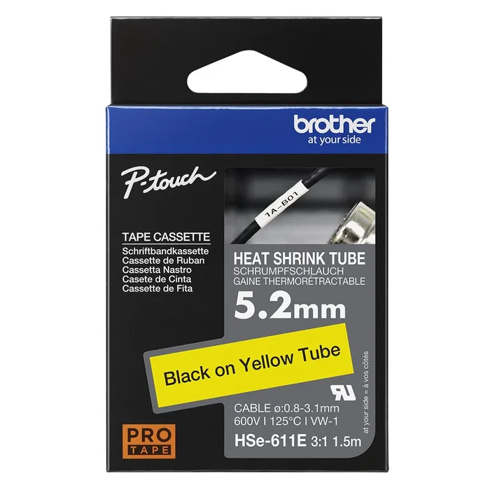 Brother HSE-611E Cinta Termorretráctil Negro/Amarillo 5.2mm para Identificación de Cables - Compatible con Impresoras Brother