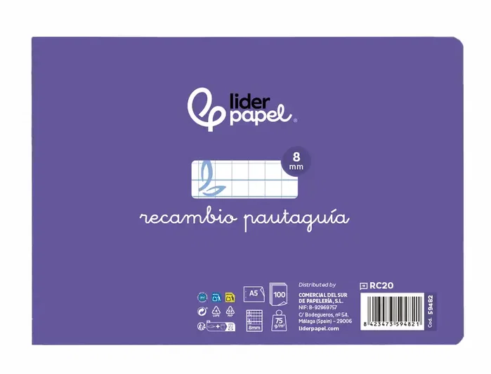 Liderpapel Recambio Cuarto Apaisado con Cuadrícula Pautada 8mm y Margen, 100 Hojas