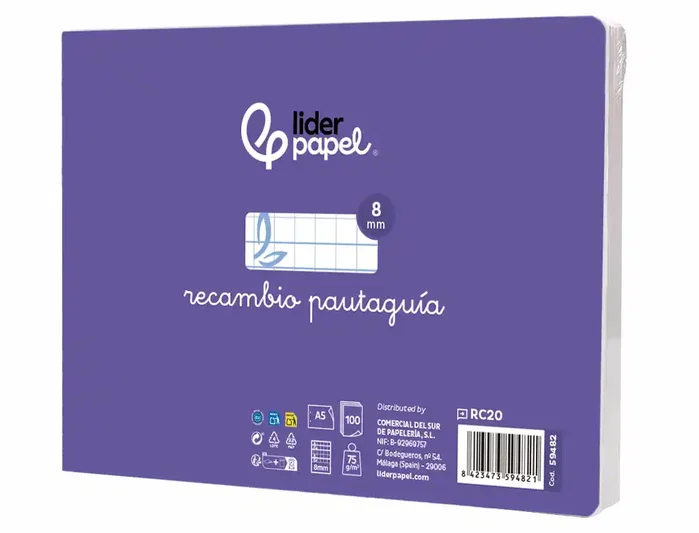 Liderpapel Recambio Cuarto Apaisado con Cuadrícula Pautada 8mm y Margen, 100 Hojas