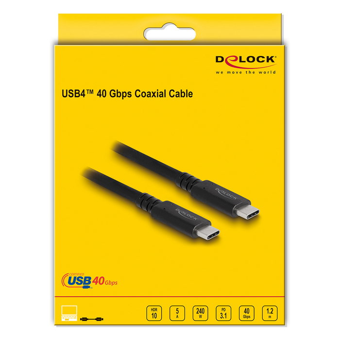 DeLOCK Cable USB4 40 Gbps 1.2 m USB-C a USB-C, USB PD 3.1 EPR 240 W, Negro, Modelo Coaxial (Referencia: USB4 Gen 3x2)