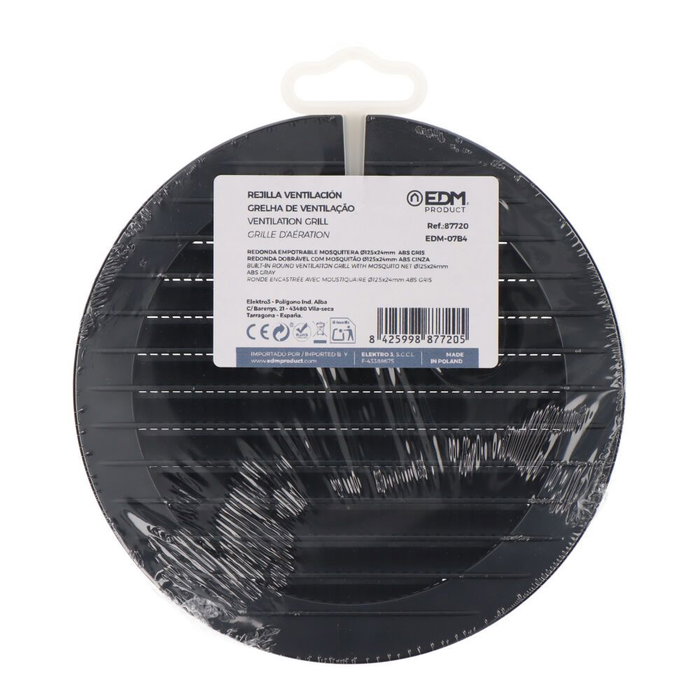 Edm Rejilla de Ventilación Redonda Ø125mm Empotrable con Mosquitera ABS Gris Antracita Edm Rejilla de Ventilación Redonda Ø125mm Empotrable con Mosquitera ABS Gris Antracita