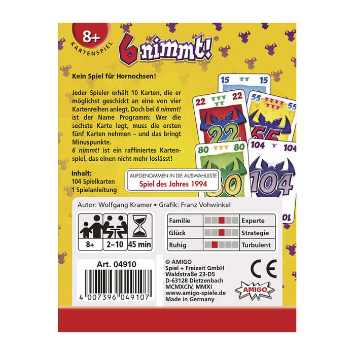 AMIGO Amigo 6 Nimmt! Juego de Cartas, Edad 8+, 2-10 Jugadores, 45 Min, Emparejamiento, 104 Cartas, Instrucciones Alemán, Ref. 04910