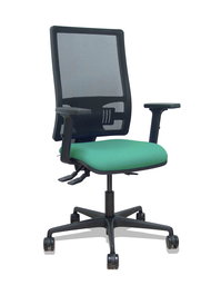 Silla de oficina Bormate con mecanismo Asincro tapizada con Tela color Verde esmeralda y malla color Negro. Equipada con lumbar 1D, Brazos 2D y Ruedas 65mm nailon