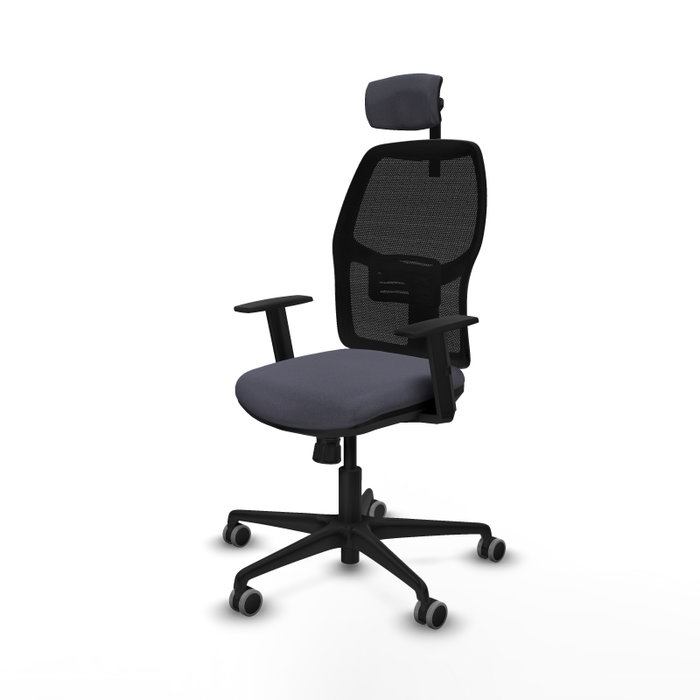 Silla de oficina Alfera con mecanismo Sincro tapizada con Tela color Gris oscuro y malla color Negro. Equipada con lumbar 1D, Brazos 1D, Cabecero 2D y Ruedas 65 mm parqué Silla de oficina Alfera con mecanismo Sincro tapizada con Tela color Gris oscuro y malla color Negro. Equipada con lumbar 1D, Brazos 1D, Cabecero 2D y Ruedas 65 mm parqué