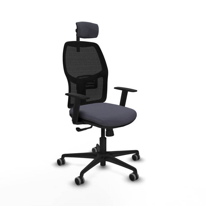 Silla de oficina Alfera con mecanismo Sincro tapizada con Tela color Gris oscuro y malla color Negro. Equipada con lumbar 1D, Brazos 1D, Cabecero 2D y Ruedas 65 mm parqué Silla de oficina Alfera con mecanismo Sincro tapizada con Tela color Gris oscuro y malla color Negro. Equipada con lumbar 1D, Brazos 1D, Cabecero 2D y Ruedas 65 mm parqué