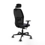Silla de oficina Alfera con mecanismo Sincro tapizada con Tela color Gris oscuro y malla color Negro. Equipada con lumbar 1D, Brazos 1D, Cabecero 2D y Ruedas 65 mm parqué