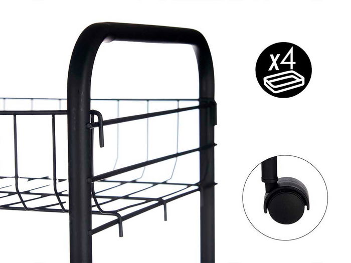 Kinvara Verdulero 3 Pisos Metálico Negro con Ruedas, Dimensiones 26x56x8 cm (Set de 4)