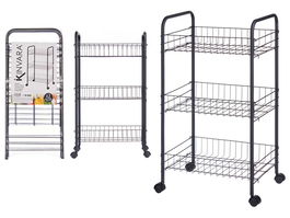 Kinvara Verdulero 3 Pisos Metálico Negro con Ruedas, Dimensiones 26x56x8 cm (Set de 4)