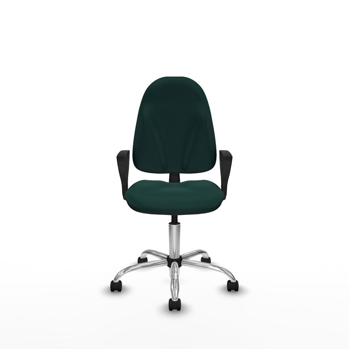 Silla de oficina Algarra con mecanismo Contacto permanente básico tapizada con Similpiel color Verde botella. Equipada con Base cromada, Brazos fijos y Ruedas de nailon 50 mm
