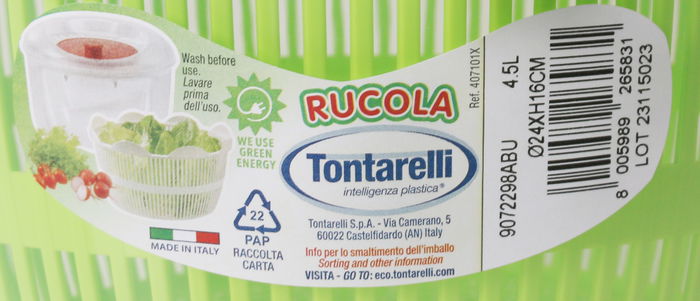 Tontarelli Centrifuga Ensalada 4.5L Transparente/Verde Rucola (6 Unidades)