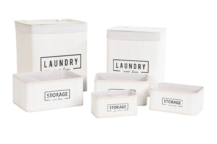 DKD Home Decor Set de 6 Cestas para la Ropa de Bambú y Poliéster Blanco DKD Home Decor Set de 6 Cestas para la Ropa de Bambú y Poliéster Blanco