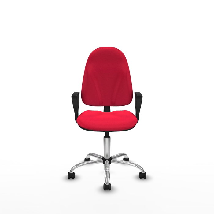 Silla de oficina Algarra con mecanismo Contacto permanente básico tapizada con Tela color Rojo. Equipada con Base cromada, Brazos fijos y Ruedas de parqué