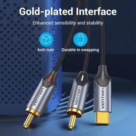 Vention BGUHG Cable USB-C Macho a 2 RCA Macho 1.5m Gris. Audio Hi-Fi, Reducción de Ruido, Conectores Bañados en Oro para Móviles, Tablets, PC.