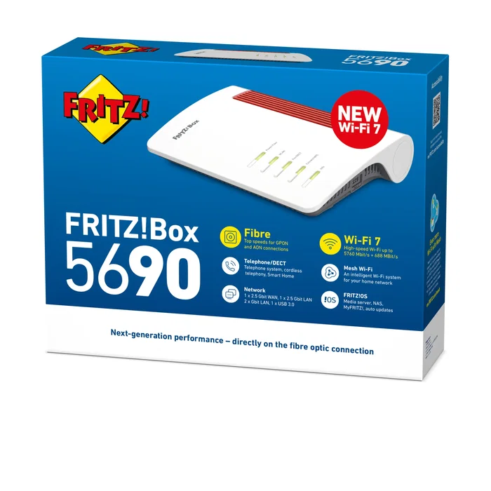 Fritz! 5690 Router Wi-Fi 7 (802.11be) Doble Banda 5760 Mbps con 2.5 Gigabit Ethernet, 4 Puertos LAN, WAN DSL/Ethernet, USB, Rojo y Blanco Fritz! 5690 Router Wi-Fi 7 (802.11be) Doble Banda 5760 Mbps con 2.5 Gigabit Ethernet, 4 Puertos LAN, WAN DSL/Ethernet, USB, Rojo y Blanco