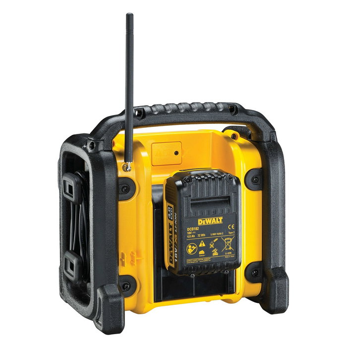 DeWALT DCR020-QW Radio Digital Portátil con DAB y FM, Pantalla LED Verde, Funciona con Batería 10.8-18V o Red, Color Negro y Amarillo