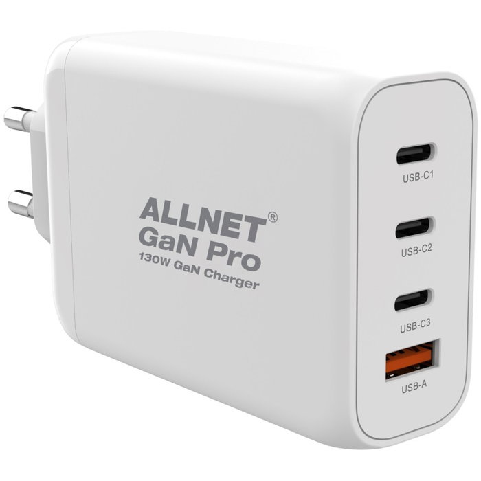 ALLNET Cargador de red GaN 130W con 1x USB-A QC y 3x USB-C PD (EU PLUG) ALLNET Cargador de red GaN 130W con 1x USB-A QC y 3x USB-C PD (EU PLUG)