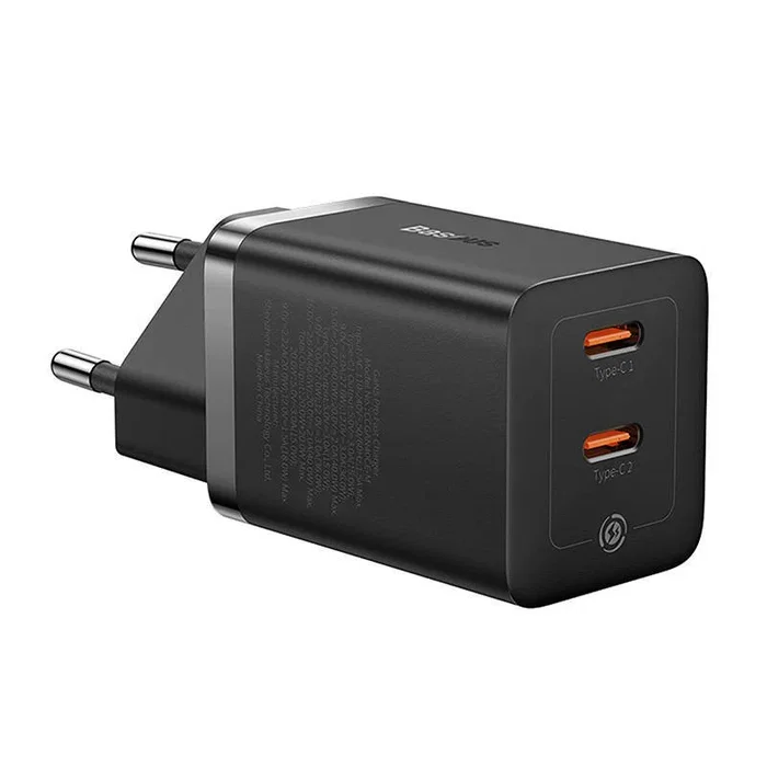 Baseus GaN5 Pro Cargador Rápido 40W con 2 Puertos USB-C, PPS/PD3.0/QC3.0, Compacto para Viaje, Enchufe Europeo, Color Negro