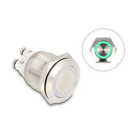 DeLOCK 20978 Pulsador de Montaje 19 mm IP65, 230 V, 3 A, 4 Terminales de Tornillo, LED Verde, Níquel, Acero Inoxidable