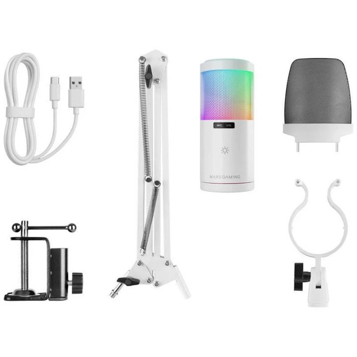 Mars Gaming MMIC-SC Micrófono de Estudio USB Blanco, Micrófono Condensador con Filtro Pop y Soporte de Sobremesa, Frecuencia 20-20000 Hz