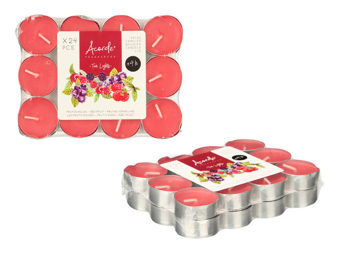 ACORDE Set 24 Velas Tea Light 4 Horas Frutos Rojos Cera Aluminio Rojo 15x11.2x3 cm (Set de 24)