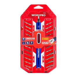 WORKPRO Destornillador Eléctrico de Precisión Recargable USB 3.6V con 26 Accesorios, 700mAh, Luz LED, Mango Giratorio y Estuche