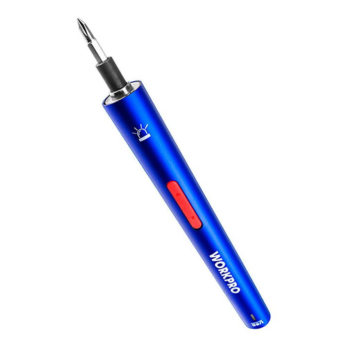 WORKPRO Destornillador Eléctrico de Precisión Recargable USB 3.6V con 26 Accesorios, 700mAh, Luz LED, Mango Giratorio y Estuche