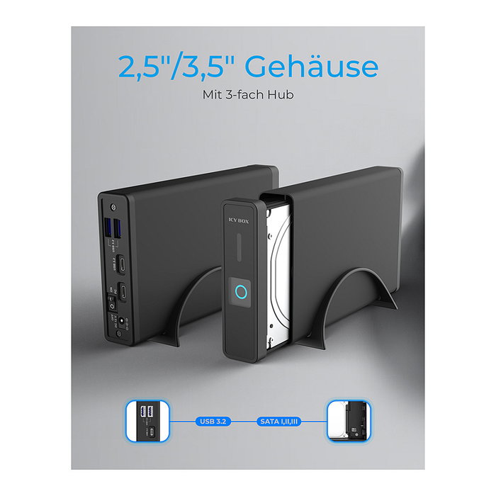 ICY BOX Adaptador USB Tipo C 3.2 para HDD/SSD SATA de 2.5" y 3.5", Hub con Alimentación Externa, Negro - Referencia: 3.2 2,5"+3,5" SATA3 HDD/SSD USB Typ-C m.Hub
