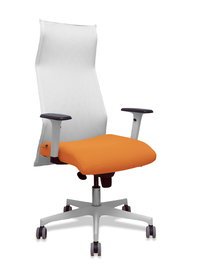 Sillón Albacete con mecanismo Sincro tapizada con Tela color Naranja y malla color Blanco. Equipado con Base poliamida blanca, Brazos 1D y Ruedas 65 mm parqué