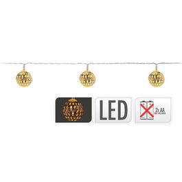 Decorative Lightning Guirnalda a Pilas Fija 10 Leds Bolas Oro Luz Blanco Cálido 1,3m IP20 Cable Transparente