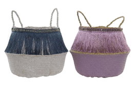 DKD Home Decor Cesta Boho Lila Azul 34 x 40 cm (4 Unidades) con Flecos Hecho a Mano Reciclable