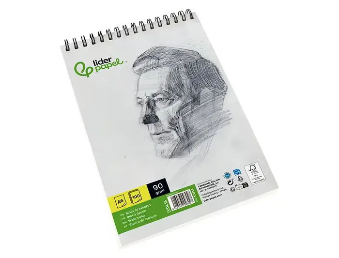 Liderpapel Bloc de Dibujo para Bocetos A6 105x148 mm, 100 Hojas 90 g, Papel sin Recuadro, Espiral