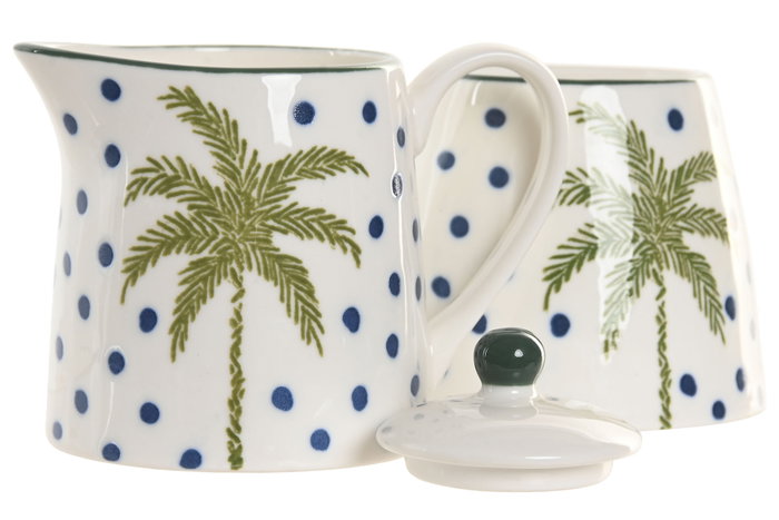 DKD Home Decor Set de 2 Azucareros de Porcelana Palmeras Palm 25 Verde y Azul de 11x7,6x7,8 cm