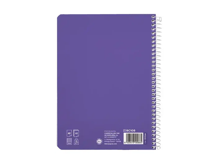 Liderpapel Cuaderno Espiral Pautaguía A5, Tapa Blanda, 40 Hojas 75gr, Cuadro Pautado 3mm, Color Lila
