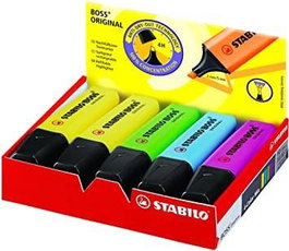 Stabilo Marcador Fluorescente Boss Original - Surtido Colormix en Caja de 10 Unidades, Recargable, Tecnología Antisecado, 9 Colores