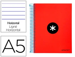 Antartik Cuaderno Espiral A5 Micro Tapa Forrada 120 Hojas 90gr Horizontal 5 Bandas 6 Taladros Color Rojo