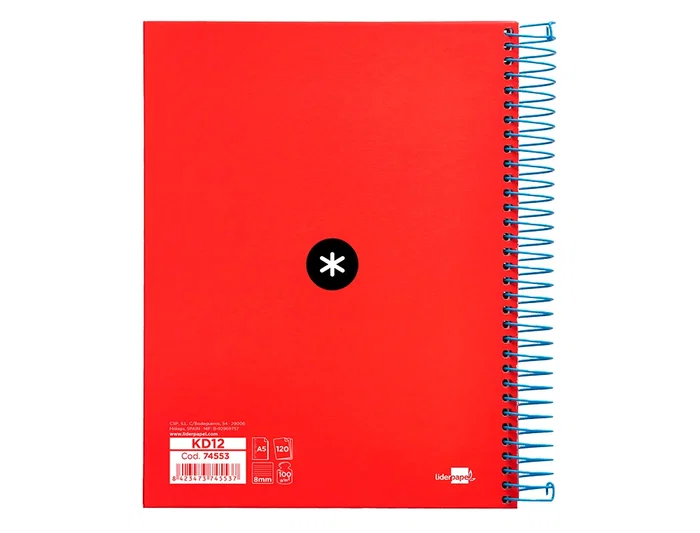 Antartik Cuaderno Espiral A5 Micro Tapa Forrada 120 Hojas 90gr Horizontal 5 Bandas 6 Taladros Color Rojo