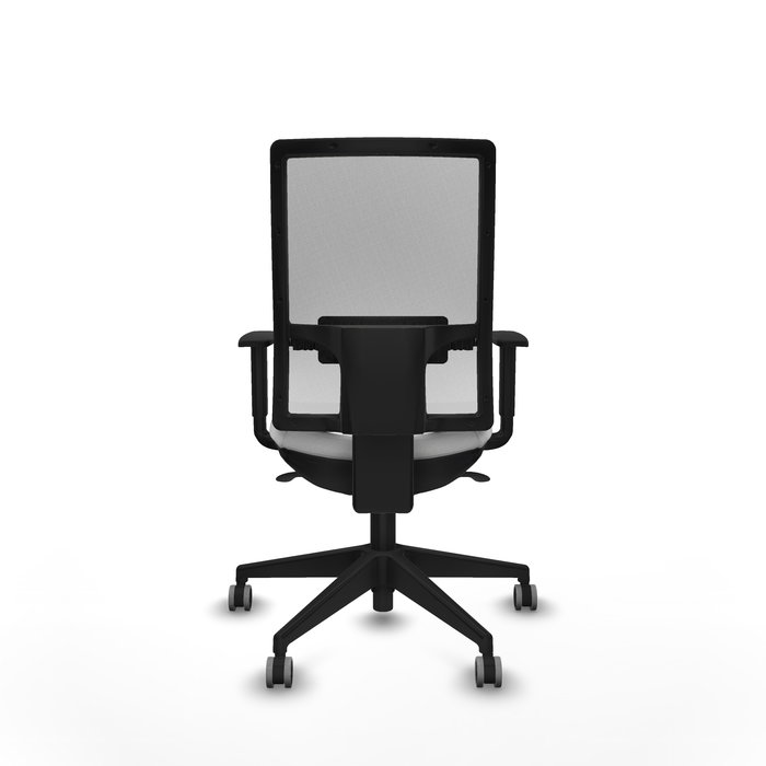 Silla de oficina Horna con mecanismo Sincro tapizada con Tela color Blanco. Equipada con lumbar 1D, Brazos 1D y Ruedas 65 mm parqué