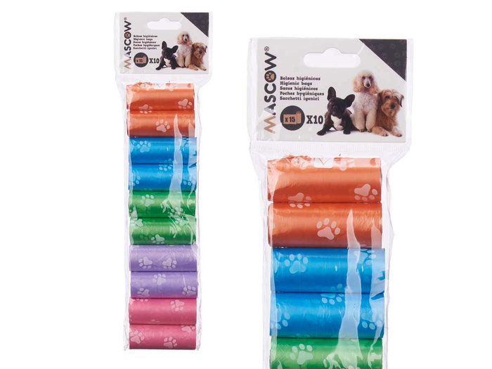 MASCOW Set de 10 rollos de bolsas para mascota en colores variados