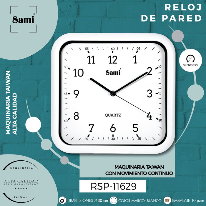 SAMI Reloj de Pared Cuadrado 30 cm Blanco - Decoración de Pared