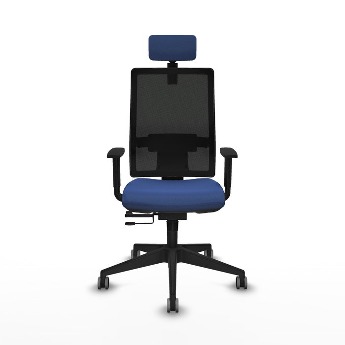 Silla de oficina Horna con mecanismo Sincro/Traslack tapizada con Tela color Azul marino y malla color Negro. Equipada con lumbar 1D, Brazos 1D, Cabecero 2D y Ruedas 65 mm parqué Silla de oficina Horna con mecanismo Sincro/Traslack tapizada con Tela color Azul marino y malla color Negro. Equipada con lumbar 1D, Brazos 1D, Cabecero 2D y Ruedas 65 mm parqué