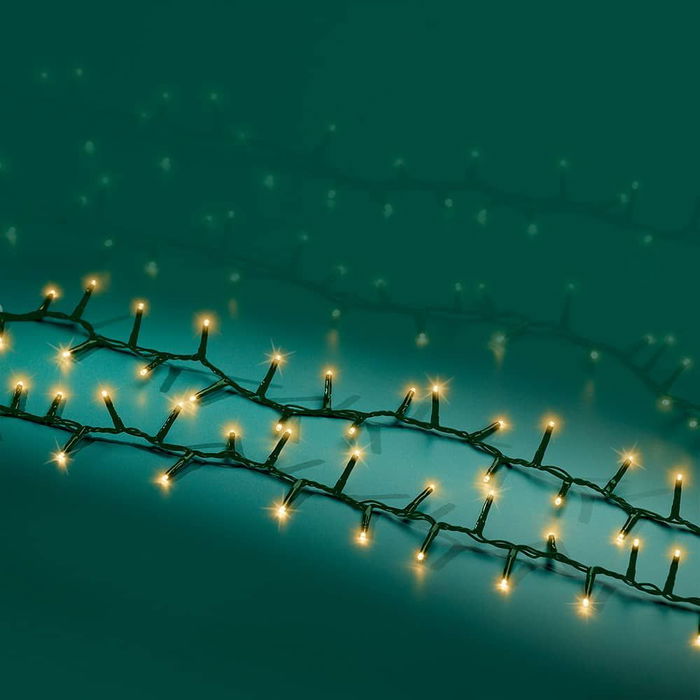 Lumineo - Guirnalda LED Multifunción 750 LEDs Oro Suave, 21 m, 8 Funciones con Memoria, IP44 para Exterior, Cable Verde 5 m