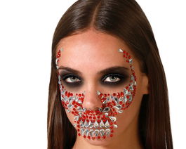 Joyas Faciales Adhesivas Calavera Rojo Y Plata Para Disfraces Infernales Halloween