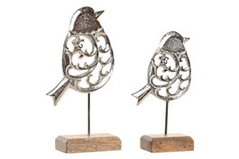 DKD Home Decor Set de 2 Figuras de Pájaro en Aluminio y Mango, Gris y Marrón