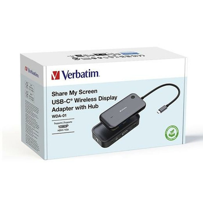 Verbatim Share My Screen Adaptador de pantalla inalámbrico USB-C 1080p con Hub HDMI/VGA Verbatim Share My Screen Adaptador de pantalla inalámbrico USB-C 1080p con Hub HDMI/VGA