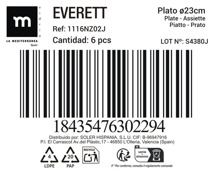 La Mediterranea Plato Llano Opal Everett 22.8cm, Pack de 36 unidades.