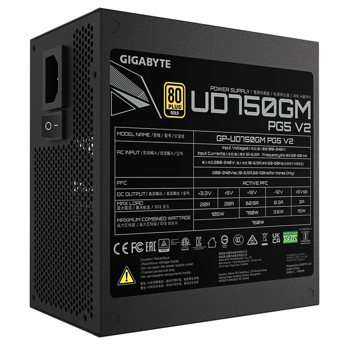 Gigabyte GP-UD750GM PG5 V2 Fuente de Alimentación 750W 80 Plus Gold ATX 3.1 Fully Modular PCIe 5.0 12VHPWR Negro
